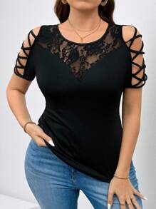 Chikora Plus Size T-Shirt With Lace Patchwork & Hollow Design, Casual & Elegant, Summer Outfits For Women