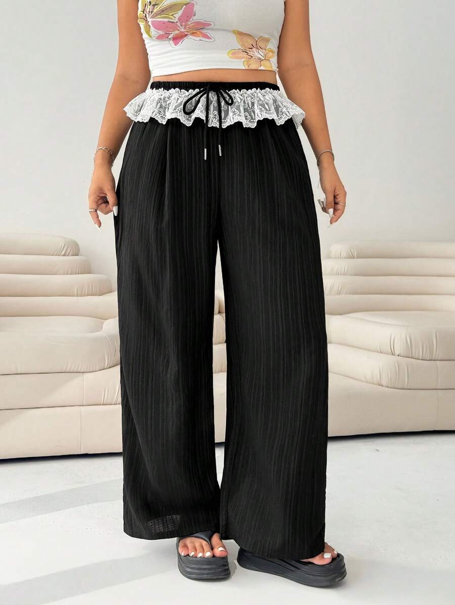 SHEIN EZwear Plus Size Elastic Waist Lace Patchwork Straight Leg Casual Pants - Black - View 1