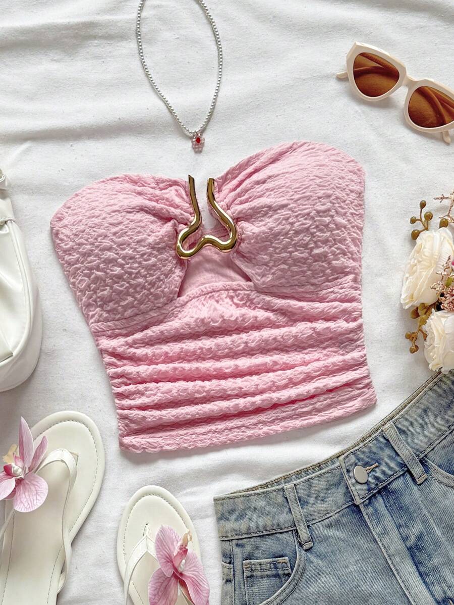 Soleia Women's Vacation White Knitted Texture Strapless Crop Top With Hollow Out Heart Metal Buckle Decor, Fitted Silhouette, Suitable For Party, Date, Afternoon Tea, Beach, Music Festival, Carnival Pink