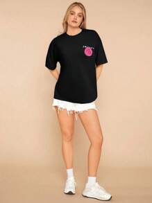 FRIENDS X SHEIN Elena Ilustra 女士圆领短袖T恤，夏季时尚 - 黑色 - 查看 6