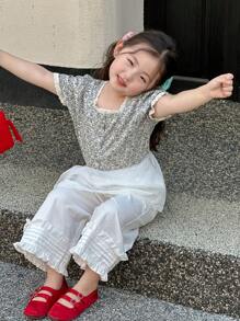 DAZY Young Girls Ditsy Floral Square Collar Short Sleeve Shirt + Long Pants 2-Piece Set, Fall Outfit - White - View 3