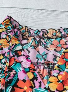 SHEIN LUNE CURVE 大码女式花卉印花 V 领罩衫 3/4 袖休闲夏季衬衫，日常和节日穿着 - 黑色 - 查看 3