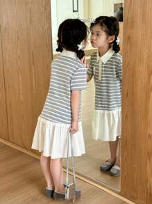SHEIN Little Byeori 少女灰色条纹休闲短袖连衣裙，带荷叶边领口和下摆 - 彩色 - 查看 7