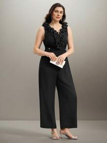 Flouryn Plus Size Women Elegant Silver-Black Sleeveless V-Neck Tank Top With Ruffle Hem, Metal Button Decorative Waist Long Jumpsuit - Black - View 5