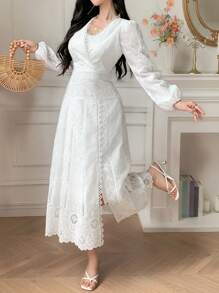 DAZY Elegant Women's Long Dress With V-Neck, Lantern Sleeves, And Contrast Lace Texture Material,Fall Dress Long Sleeve Dress - White - View 1