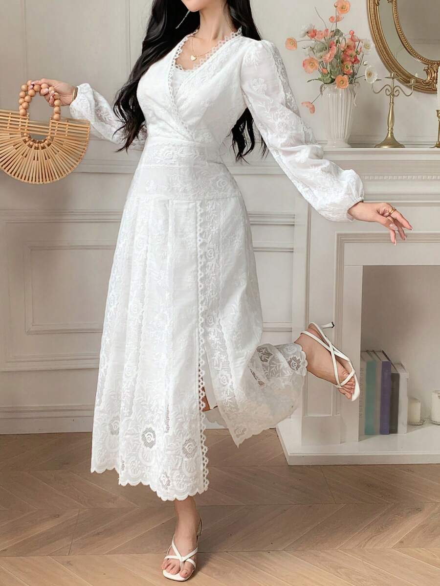 DAZY Elegant Women's Long Dress With V-Neck, Lantern Sleeves, And Contrast Lace Texture Material,Fall Dress Long Sleeve Dress - White - View 1