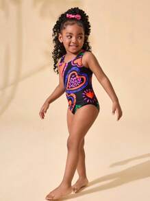 SHEIN Young Girl Heart Pattern One-Piece Knitted Swimsuit - Black - View 3