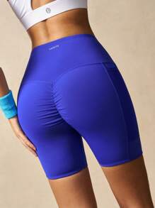 VARSITIE Women Casual Solid Color Mesh Panel Pocket Biker Workout Short , Summer