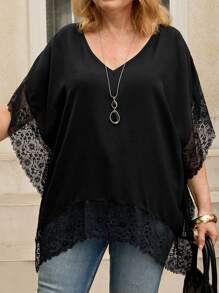 EMERY ROSE 大码休闲纯色蕾丝拼接蝙蝠袖衬衫，适合女士度假夏季朴素风格