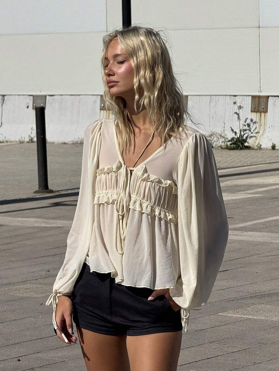 SHEIN ICON Áo sơ mi tay dài lưới xếp ly ngực viền rau diếp - Màu be - Xem 1