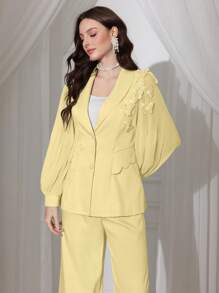 Modelyn 2pcs Set Women Chiffon Pleated Bow Decor Blazer Jacket And Pants, Spring/Summer Fall Cloth For Women - Yellow - View 3