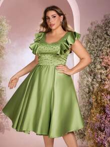 Aureia Plus Size Olive Green Spring Elegant Formal Prom Wedding Dress,Handmade Beaded Patchwork 3D Ruffle Trim Shoulder Luxury A-Line Ballroom Gown - Green - View 8