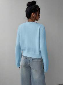 SHEIN BASICS Cárdigan de punto holgado con cuello redondo y manga larga de unicolor para mujer - Azul - Ver 2