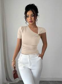 Elenzga Women Elegant Asymmetric Neckline 3D Rose Metallic Button Embellished Short Sleeve T-Shirt