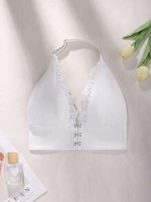 SHEIN Romantic Lace Patchwork Front Closure Bra - White - View 6