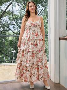 SHEIN MOD Plus Size Vintage Elegant Palace Style Floral Multi-Layer Ruffle Hem Slip Dress.Tea Party Dress.Women Summer Clothing.Women Dresses Elegant Gown.Garden Party Dress,Vacation Dresses,Floral Dress Women,Country,Vintage,Fall,Birthday Dresses For Women,Festival Outfits For Women, ,Dresses For Women,Birthday Dress