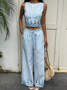 SHEIN EZwear Women Summer Vacation Floral & Striped Print Cropped Sleeveless Cardigan And Loose Paperbag Waist Wide Leg 2 Pieces Set