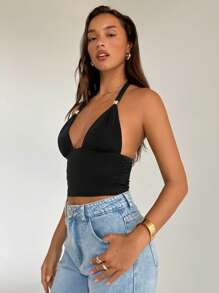 Aloruh Women's Simple Solid Color Sleeveless Knit Halter Neck Tank Top, Casual Daily Wear - Black - View 6