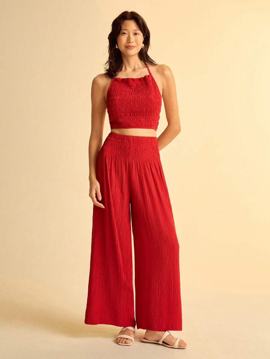 CAJUNI Women's Boho Style Tropical Print Pleated Halter Tank Top And Long Pants Vacation Beach Casual Set, Summer - Red - View 1