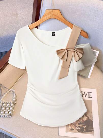 SHEIN LUNE Plus Size Women Casual Bowknot Contrast Color Decor Short Sleeve T-Shirt Top
