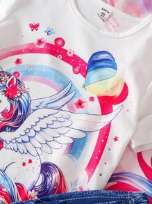 2pcs/Set Young Girls Fashion Casual Unicorn Print Short Sleeve Crew Neck T-Shirt + Print Denim Look Pants Set, 2 Colors - Multicolor - View 4