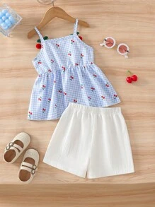 Young Girls 2pcs/Set Fashion Digital Print Cherry Decor Adjustable Waist Camisole Top And Loose Shorts Set, Suitable For Casual, Beach, Summer Summer Outfits For Kids Girls Cute Spring Clothes For Kids Girls Spring Clothes For Girls Casual Dresses For Girls Summer Clothes For Kids Girls Summer Holiday