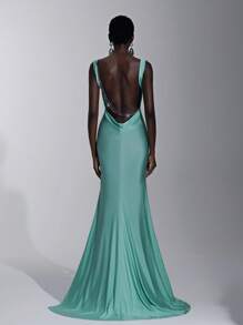 SHEIN Belle Váy dạ hội dệt kim co giãn sang trọng thanh lịch, cổ vuông, thiết kế hở lưng gợi cảm, trang trí chuỗi ngọc trai, hình bóng đuôi cá, thích hợp cho đám cưới, tiệc sinh nhật, kỳ nghỉ bãi biển, vũ hội, dạ tiệc trang trọng, váy cưới, cho khách dự tiệc cưới - Màu xanh Bạc hà - Xem 2