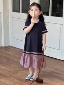 Dazy Kids Young Girl Summer Casual Colorblock Ruffle Hem Loose Dress - Black - View 5
