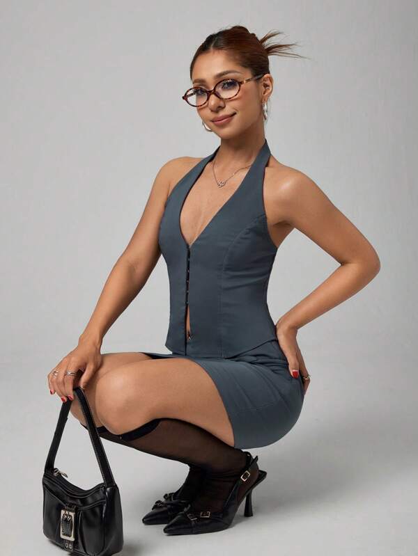 SHEIN PETITE Women's Office Siren 2 Pieces Set - Women's Slate Grey Halter Backless Top & Mini Skirt Coordinated Outfit, Work To Weekend Summer Sets 2025, Casual Workwear Essentials For Daily Wear