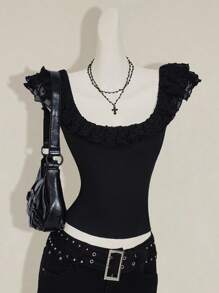 SHEIN ICON Damen Schwarzes vintage Rüschen Polka Punkt Mesh V-Ausschnitt Basic Lässig Trägerhemd - Schwarz - Übersicht 3