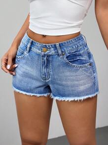 SHEIN ICON Shorts vaqueros de mujer con botones y bordes deshilachados, de estilo casual y veraniego