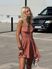 SHEIN ICON 女式格子荷叶边不对称下摆性感露背吊带连衣裙 7 月 4 日女士服装 返校波西米亚风 - 紅色 - 查看 6