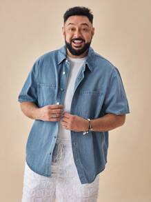 EASEVO Plus Size Men's Casual Blue Denim Short Sleeve Shirt, Suitable For Summer