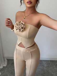 Elenzga 2件套女士优雅抹胸喇叭裤套装