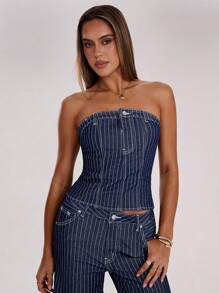 SHEIN BAE 女式简约竖条纹牛仔抹胸上衣 - 深色水洗藍 - 查看 5