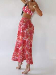 Bonvoyette Conjunto de traje de baño elegante de 3 piezas con estampado degradado de girasol rojo: top, Bottom y vestido de playa, para verano y playa