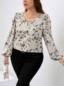 SHEIN Clasi Camisa elegante de manga farol con estampado floral talla grande - Blanco - Ver 1