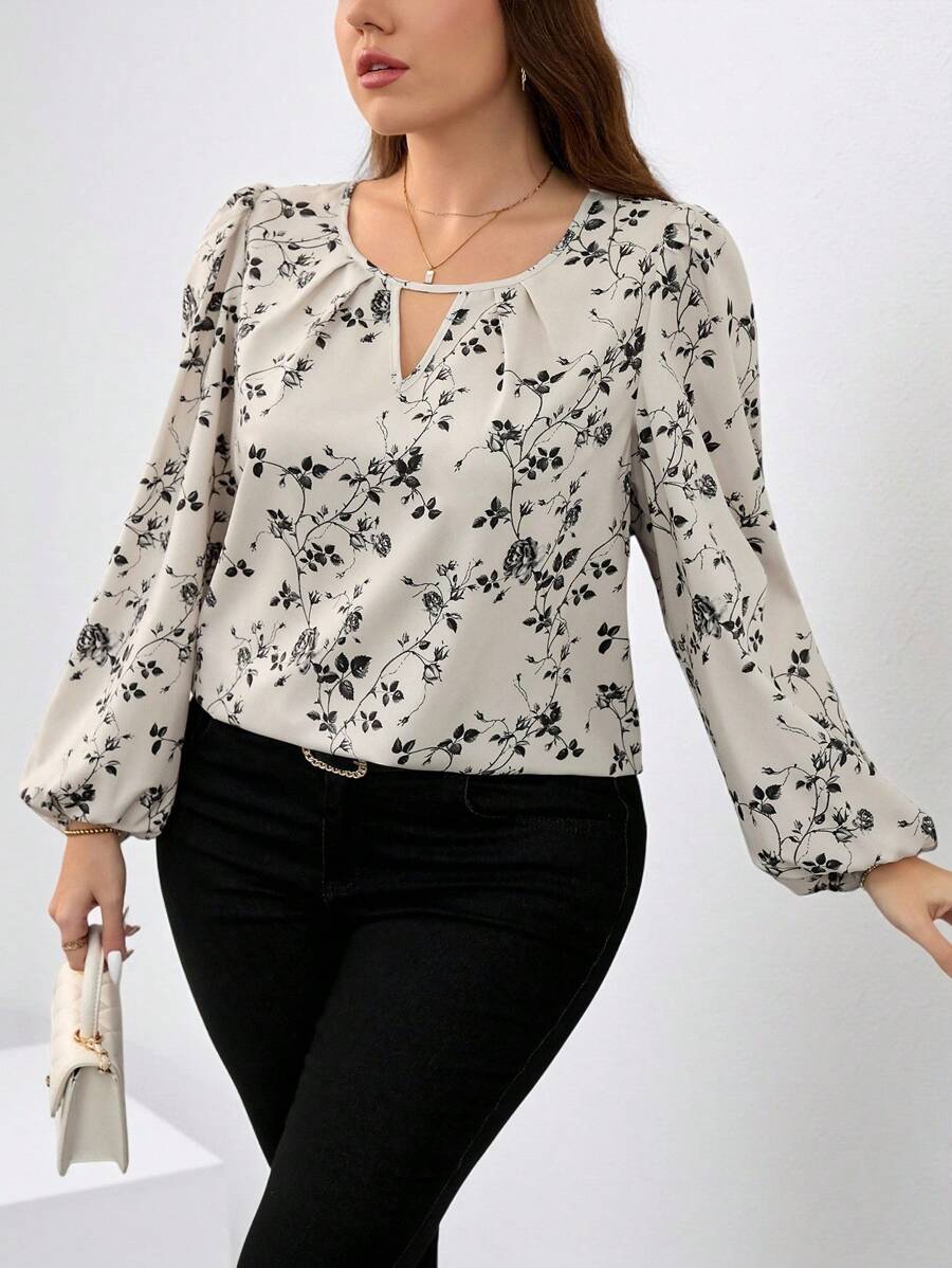 SHEIN Clasi Camisa elegante de manga farol con estampado floral talla grande - Blanco - Ver 1