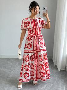 Elenzga Plus Size Round Neck Short Sleeve Dress, Fashionable For Summer - Red - View 4