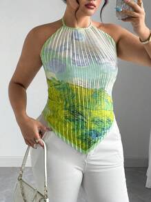 Elenzga 大码抽象油画印花褶皱性感露背细肩带背心