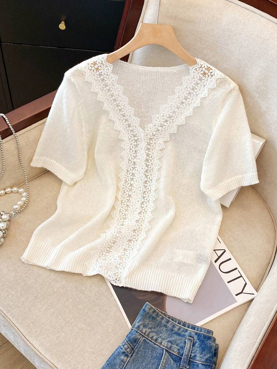 Franclia 女士优雅时尚蕾丝边 V 领轻薄针织开衫，夏季 - 白色 - 查看 1