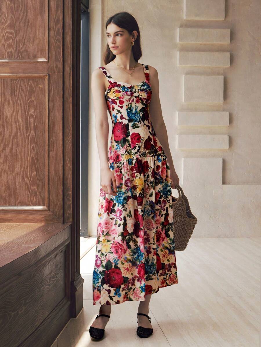 Chiquease 复古彩色花卉印花细肩带夏季海滩度假连衣裙