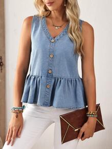 Breezaya Women's Casual Sleeveless Denim Tank Top With Ruffle Hem, For Summer