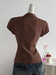 Elamini Polka Dot Print Lapel Fitted Short Sleeve Women Blouse - Brown - View 2
