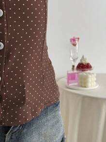 Elamini Polka Dot Print Lapel Fitted Short Sleeve Women Blouse - Brown - View 6