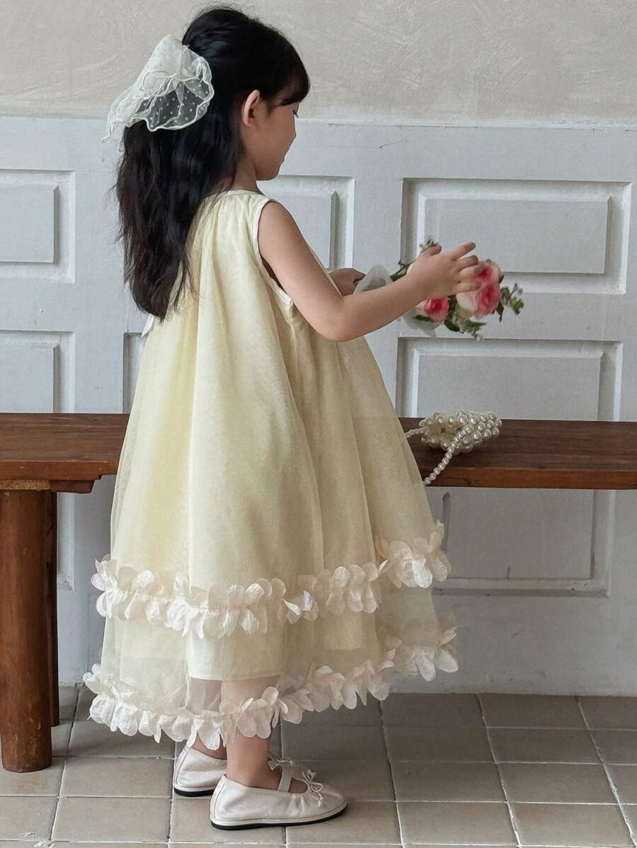 DAZY Young Girl Round Neck Bow Decor Elegant Birthday Party Sleeveless Mesh Dress, Girls Summer Outfits