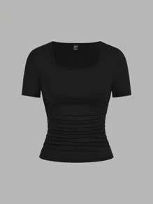 SHEIN EZwear 4件套休闲简约纯色方领短袖T恤女上衣，黑色、粉色、灰色、白色，适合春夏季