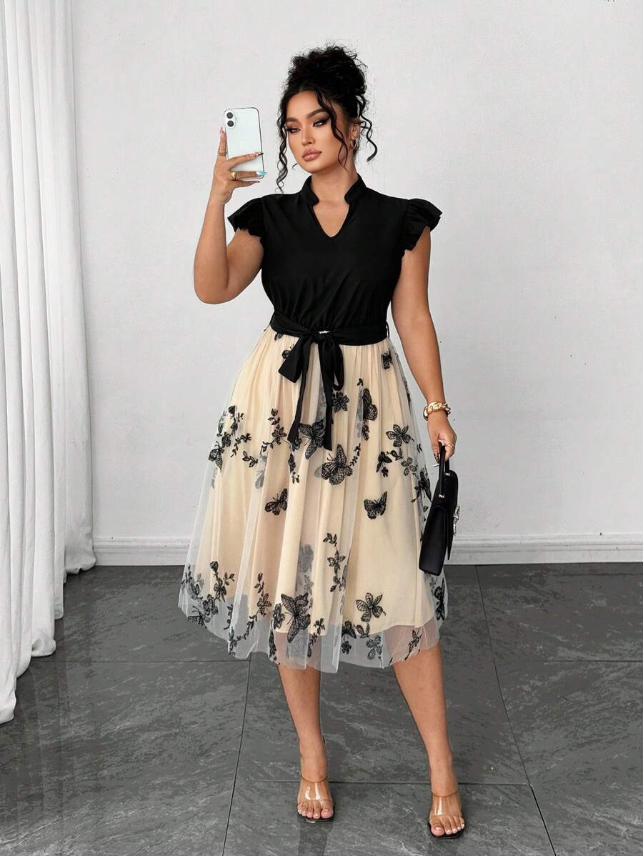 Elenzga 大码 V 领纯色拼布刺绣蝴蝶网眼腰部荷叶边 A 字形撞色衬里喇叭袖休闲连衣裙，适合约会 - 黑色 - 查看 1