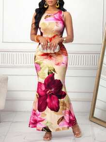 SHEIN Lady 春夏大花朵印花无袖鱼尾长裙女士连衣裙生日和活动连衣裙/办公室连衣裙/教堂连衣裙/婚纱/节日连衣裙/波西米亚风/毕业礼服/优雅连衣裙度假服装女士生日连衣裙女士节日商务休闲女士 - 彩色 - 查看 1