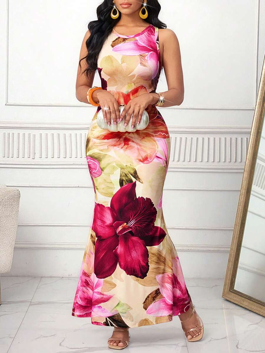 SHEIN Lady 春夏大花朵印花无袖鱼尾长裙女士连衣裙生日和活动连衣裙/办公室连衣裙/教堂连衣裙/婚纱/节日连衣裙/波西米亚风/毕业礼服/优雅连衣裙度假服装女士生日连衣裙女士节日商务休闲女士 - 彩色 - 查看 1